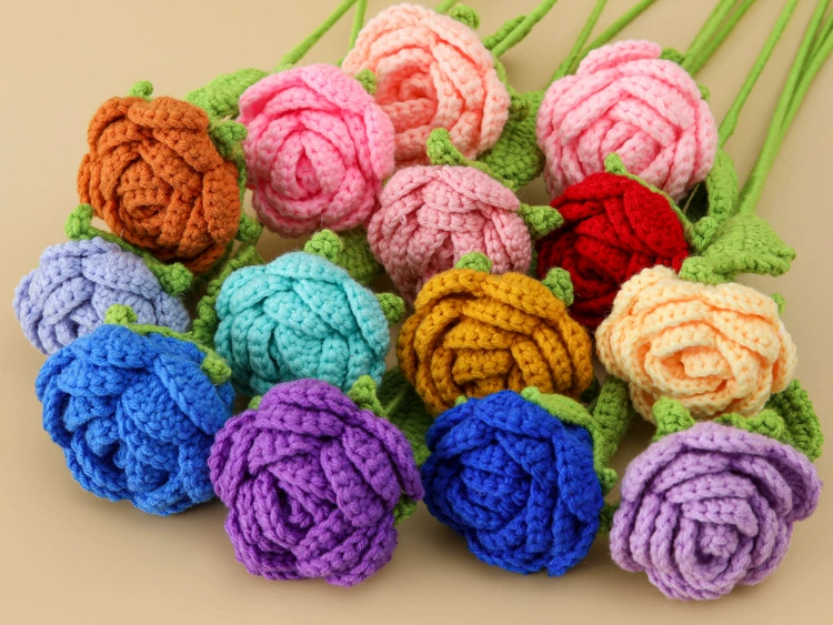 Handmade Crochet Single Rose knit flowers supplier