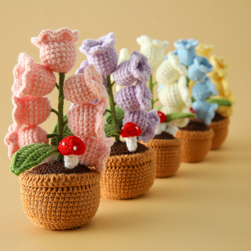 Colorful crochet lily of the valley pot plants in different hues
