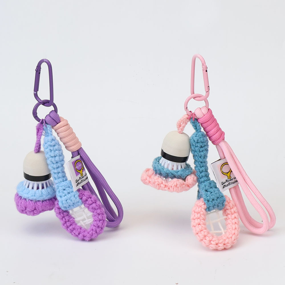 Colorful handmade crochet badminton keychains, unique knit keychains for sports fans
