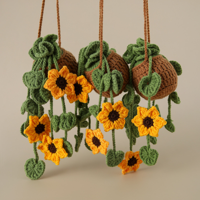 Crochet hanging plant with sunflowers, perfect car decor