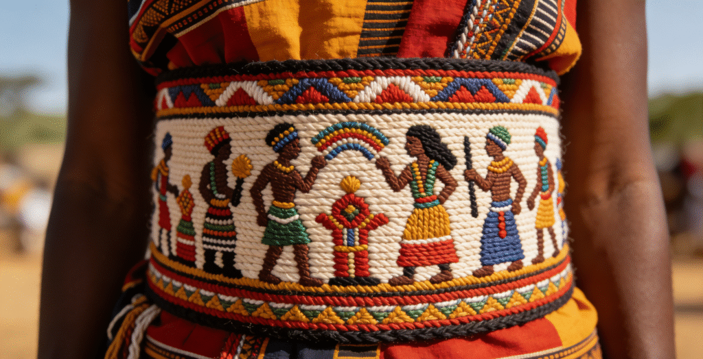 Handcrafted Africa crochet clothes belt showcasing Development of Africa Crochet Art—intricate patterns telling historical stories/myths, made with exquisite crochet technique in traditional African crochet art.