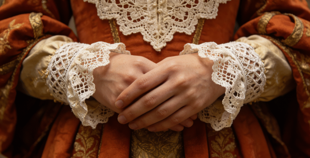 Close-up of medieval European nobility clothes decor, showcasing Development of Europ Lace Art: intricate crochet art details (lace collar & cuffs) made with solid crochet technique, reflecting lace art development