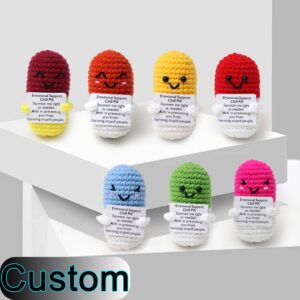 Handmade positive crochet emotional support dolls from a custom crochet supplier.