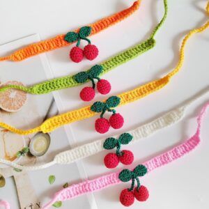 Crochet Pet Collars with Cherry Design Handmade red crochet pet collars featuring cherry ornaments