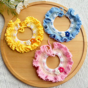 Colorful Crochet Pet Collar Wholesale Collection Handmade crochet pet collars in yellow, blue, and pink available for wholesale.