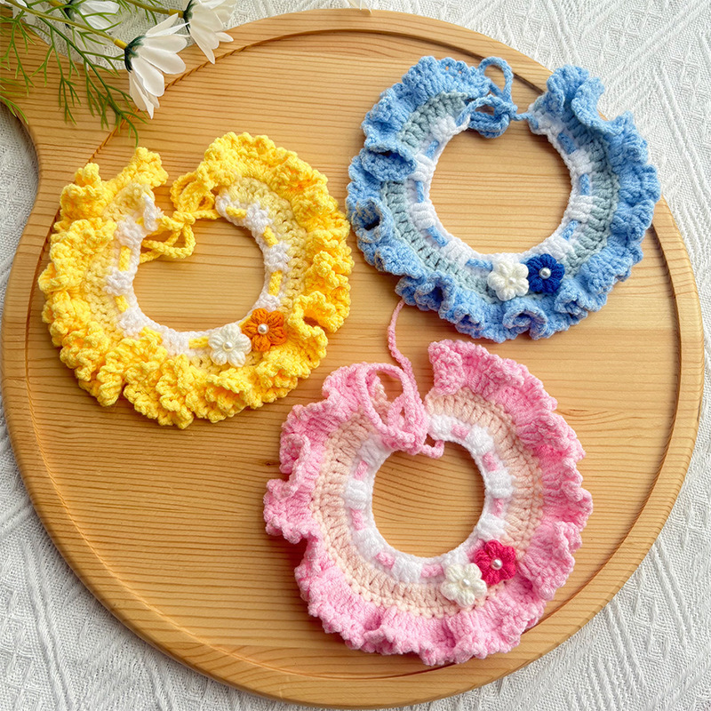Handmade crochet pet collars in yellow, blue, and pink available for wholesale.